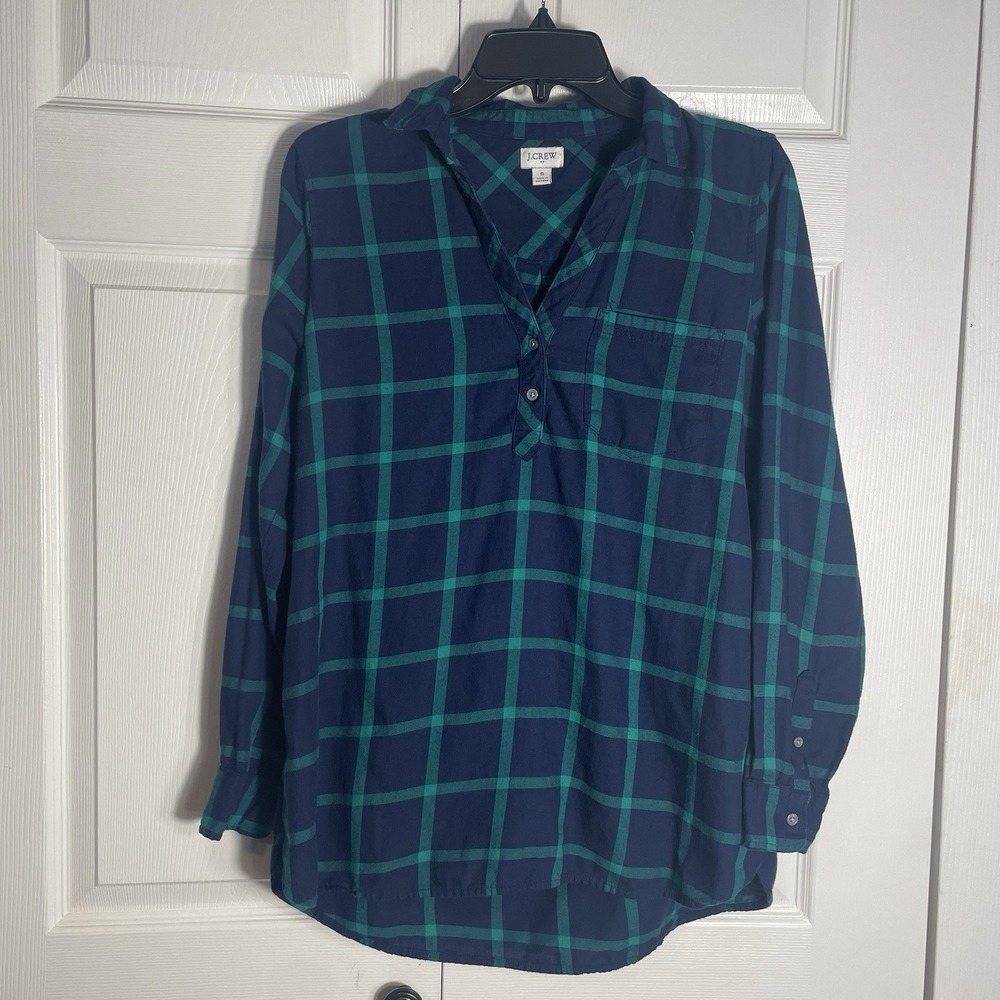 J Crew 100% Cotton Shirt Women S Blue Green Plaid Long Sleeve Popover Pocket Top